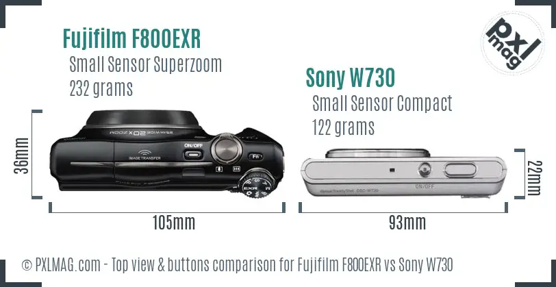 Fujifilm F800EXR vs Sony W730 top view buttons comparison