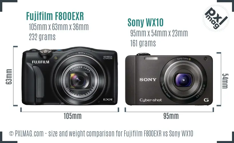 Fujifilm F800EXR vs Sony WX10 size comparison