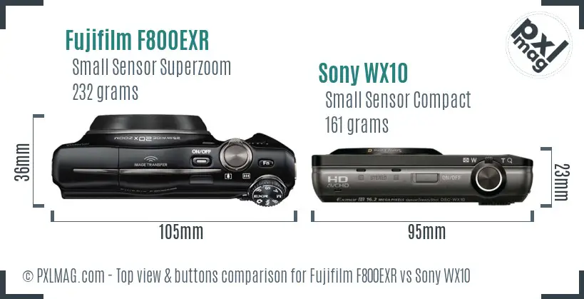 Fujifilm F800EXR vs Sony WX10 top view buttons comparison