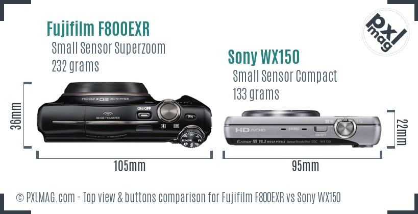 Fujifilm F800EXR vs Sony WX150 top view buttons comparison