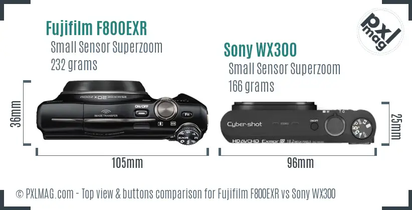 Fujifilm F800EXR vs Sony WX300 top view buttons comparison Fujifilm F800EXR vs Sony WX300 top view buttons comparison