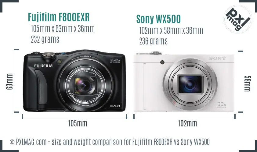 Fujifilm F800EXR vs Sony WX500 size comparison