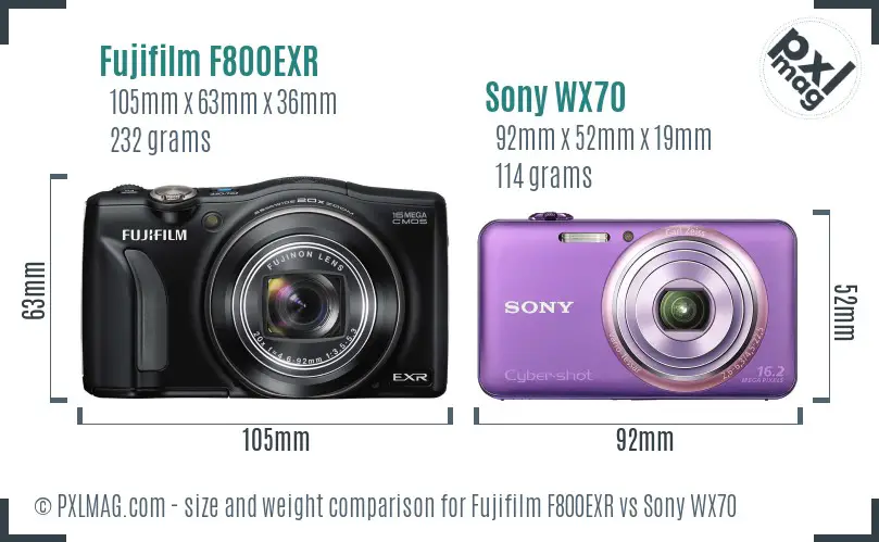 Fujifilm F800EXR vs Sony WX70 size comparison