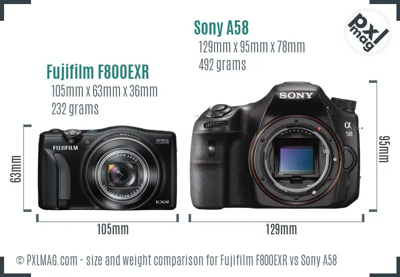 Fujifilm F800EXR vs Sony A58 size comparison