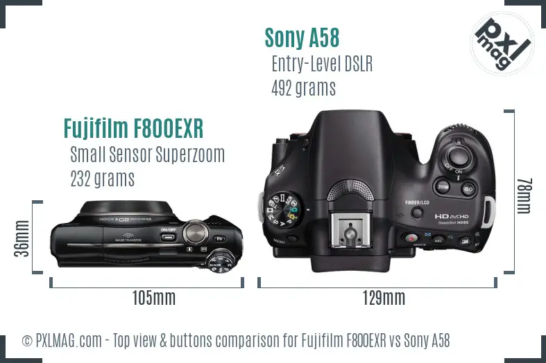 Fujifilm F800EXR vs Sony A58 top view buttons comparison