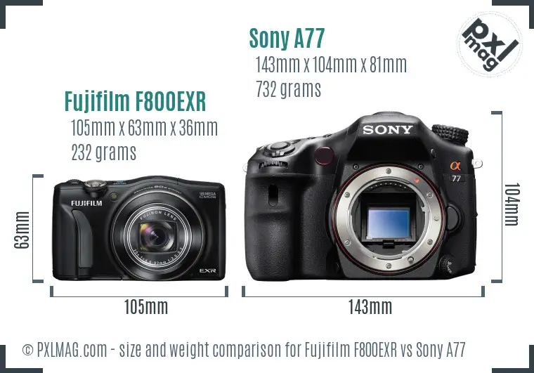 Fujifilm F800EXR vs Sony A77 size comparison