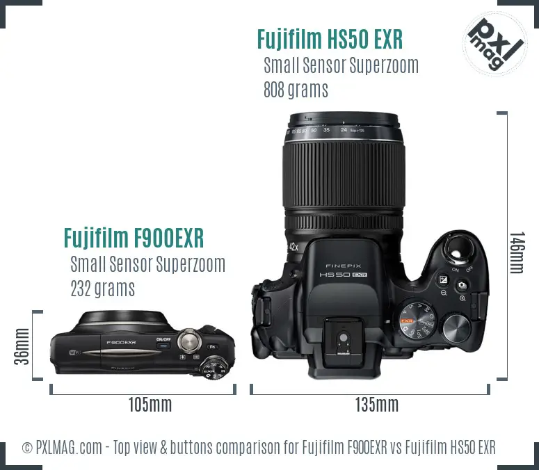 Fujifilm F900EXR vs Fujifilm HS50 EXR top view buttons comparison