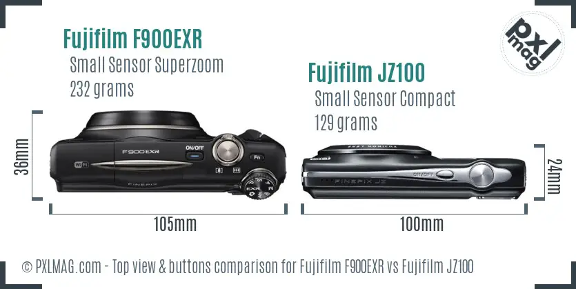 Fujifilm F900EXR vs Fujifilm JZ100 top view buttons comparison