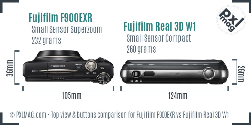 Fujifilm F900EXR vs Fujifilm Real 3D W1 top view buttons comparison