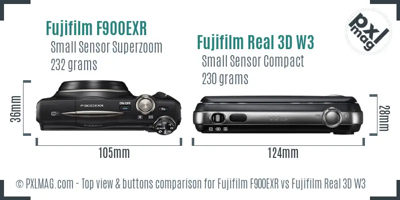 Fujifilm F900EXR vs Fujifilm Real 3D W3 top view buttons comparison