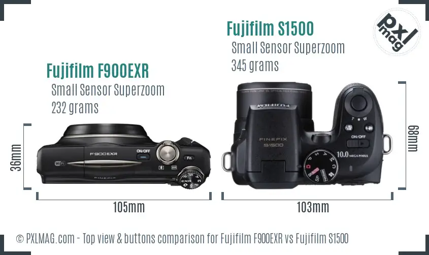 Fujifilm F900EXR vs Fujifilm S1500 top view buttons comparison