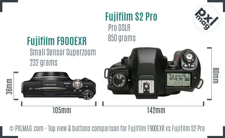Fujifilm F900EXR vs Fujifilm S2 Pro top view buttons comparison