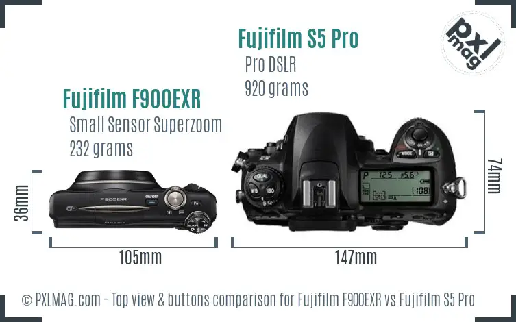 Fujifilm F900EXR vs Fujifilm S5 Pro top view buttons comparison