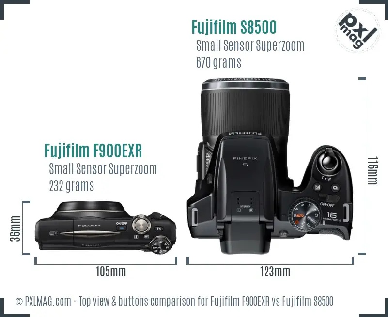 Fujifilm F900EXR vs Fujifilm S8500 top view buttons comparison Fujifilm F900EXR vs Fujifilm S8500 top view buttons comparison