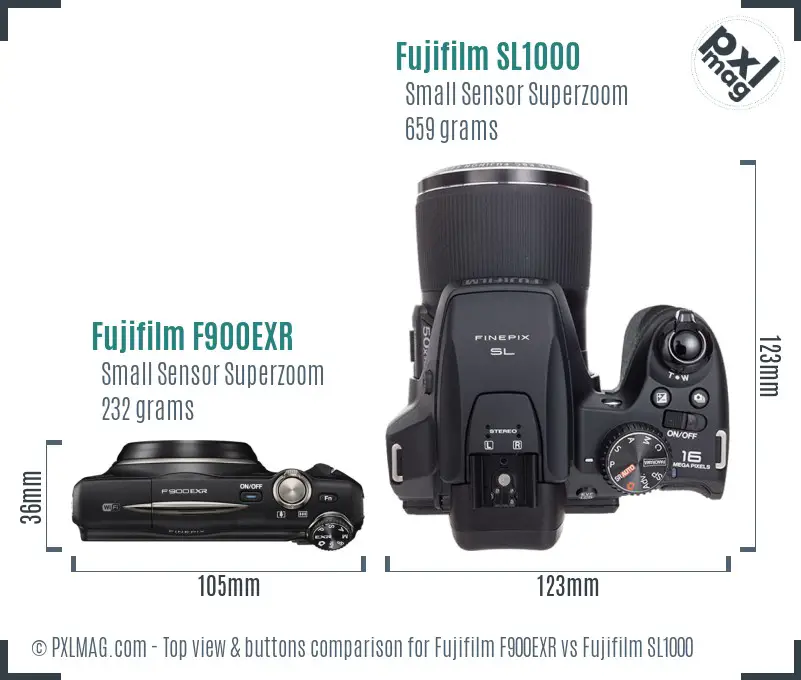 Fujifilm F900EXR vs Fujifilm SL1000 top view buttons comparison