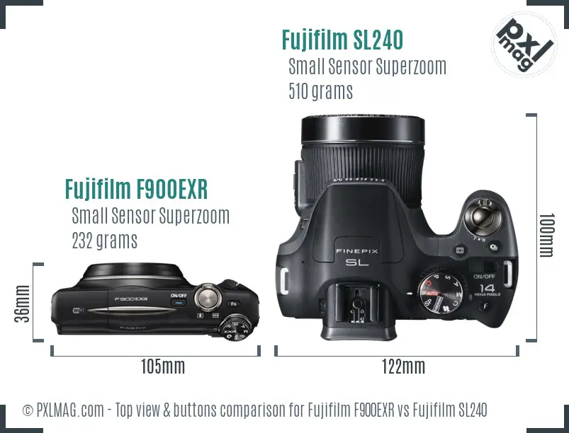 Fujifilm F900EXR vs Fujifilm SL240 top view buttons comparison Fujifilm F900EXR vs Fujifilm SL240 top view buttons comparison
