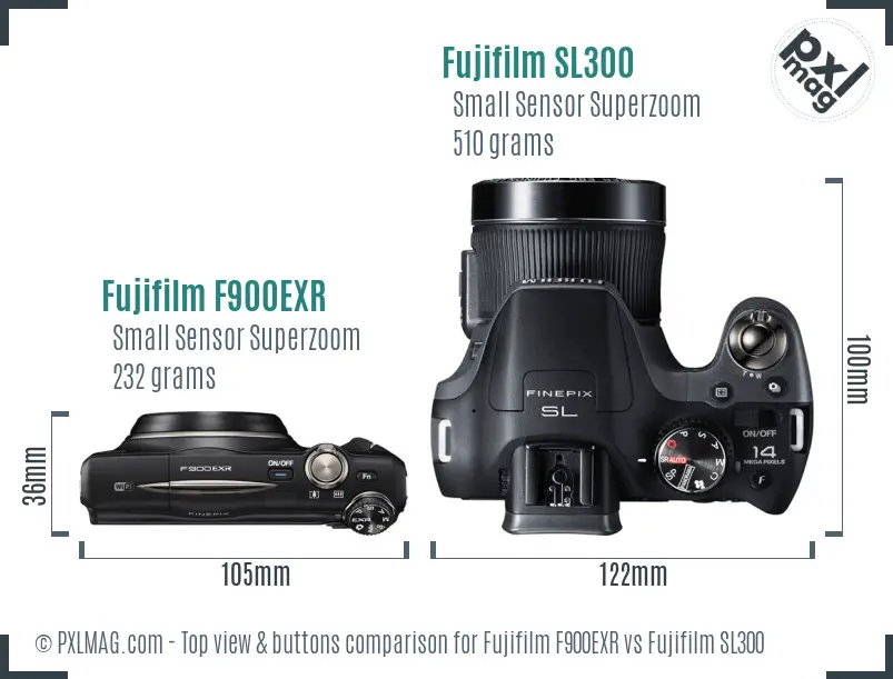 Fujifilm F900EXR vs Fujifilm SL300 top view buttons comparison