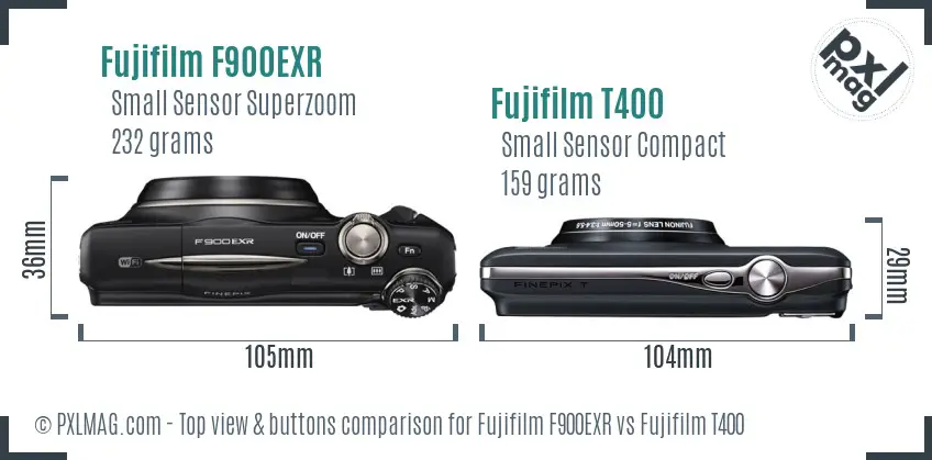 Fujifilm F900EXR vs Fujifilm T400 top view buttons comparison