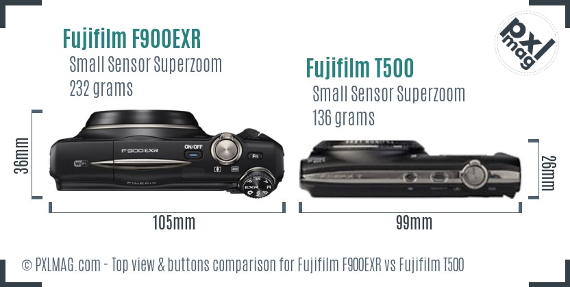 Fujifilm F900EXR vs Fujifilm T500 top view buttons comparison