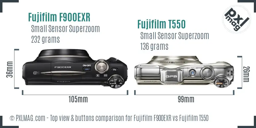 Fujifilm F900EXR vs Fujifilm T550 top view buttons comparison Fujifilm F900EXR vs Fujifilm T550 top view buttons comparison