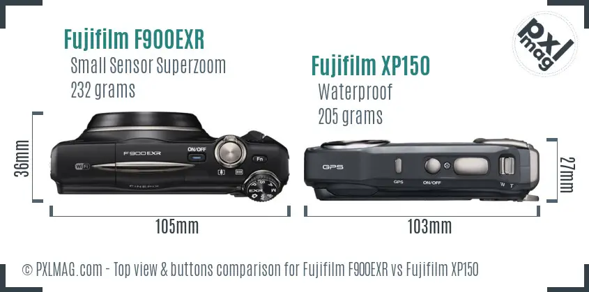 Fujifilm F900EXR vs Fujifilm XP150 top view buttons comparison