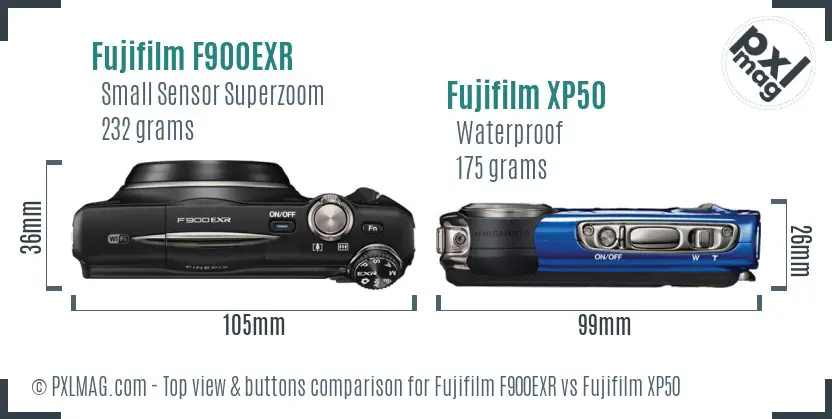 Fujifilm F900EXR vs Fujifilm XP50 top view buttons comparison Fujifilm F900EXR vs Fujifilm XP50 top view buttons comparison