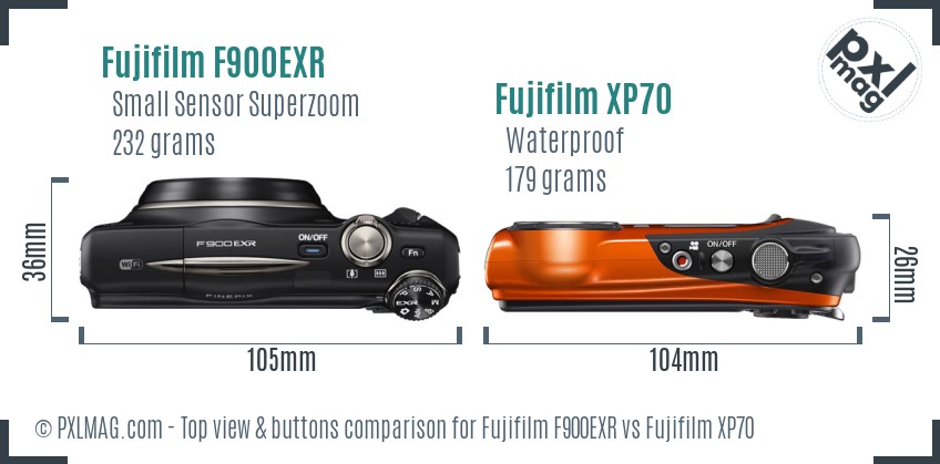 Fujifilm F900EXR vs Fujifilm XP70 top view buttons comparison