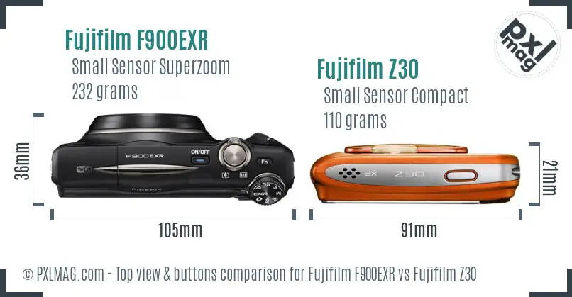 Fujifilm F900EXR vs Fujifilm Z30 top view buttons comparison