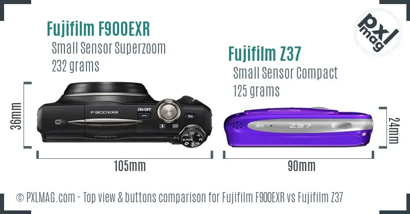 Fujifilm F900EXR vs Fujifilm Z37 top view buttons comparison