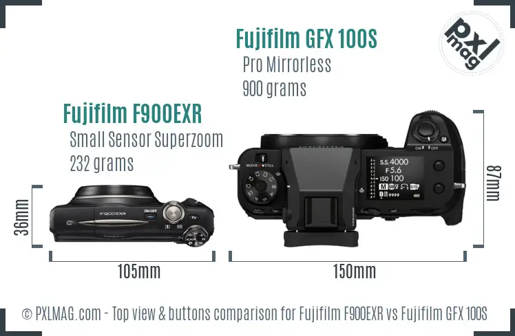 Fujifilm F900EXR vs Fujifilm GFX 100S top view buttons comparison