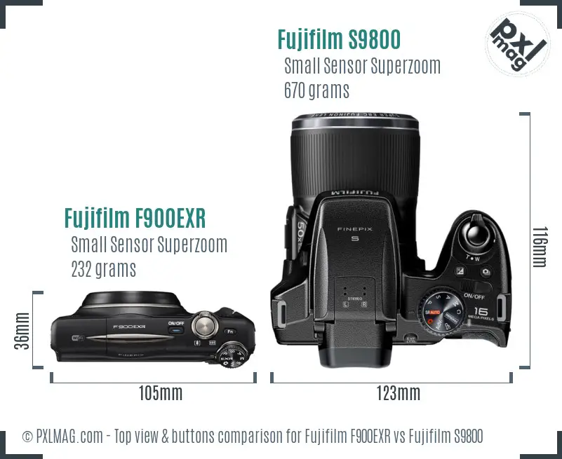 Fujifilm F900EXR vs Fujifilm S9800 top view buttons comparison Fujifilm F900EXR vs Fujifilm S9800 top view buttons comparison