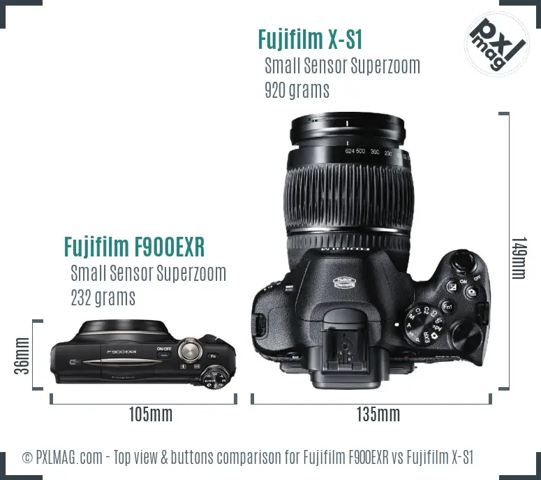 Fujifilm F900EXR vs Fujifilm X-S1 top view buttons comparison