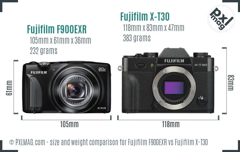 Fujifilm F900EXR vs Fujifilm X-T30 size comparison