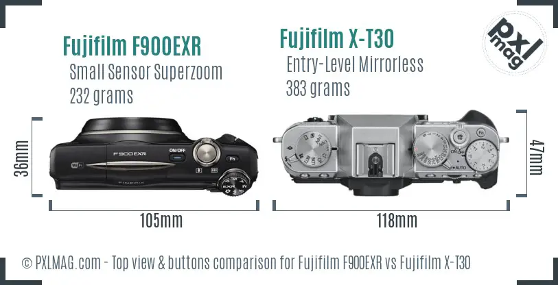 Fujifilm F900EXR vs Fujifilm X-T30 top view buttons comparison
