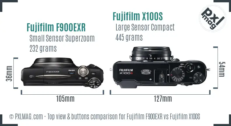 Fujifilm F900EXR vs Fujifilm X100S top view buttons comparison