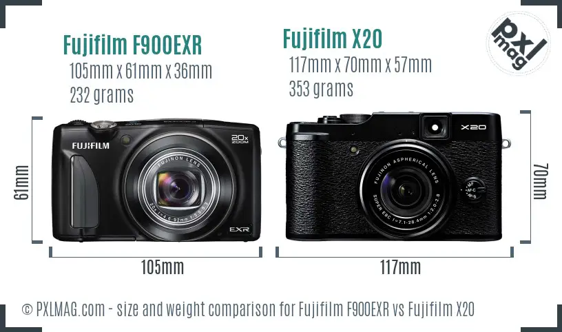 Fujifilm F900EXR vs Fujifilm X20 size comparison