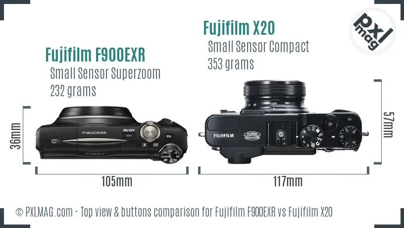 Fujifilm F900EXR vs Fujifilm X20 top view buttons comparison