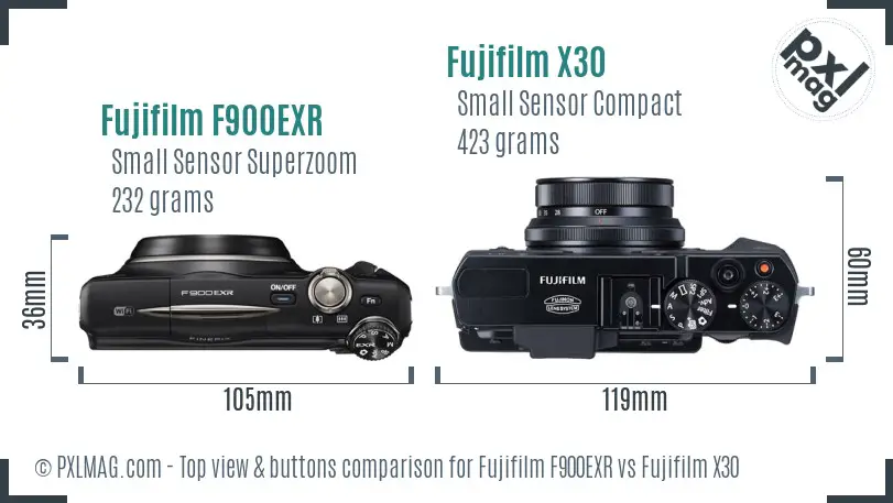 Fujifilm F900EXR vs Fujifilm X30 top view buttons comparison