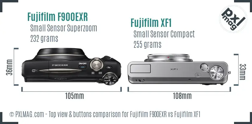 Fujifilm F900EXR vs Fujifilm XF1 top view buttons comparison Fujifilm F900EXR vs Fujifilm XF1 top view buttons comparison