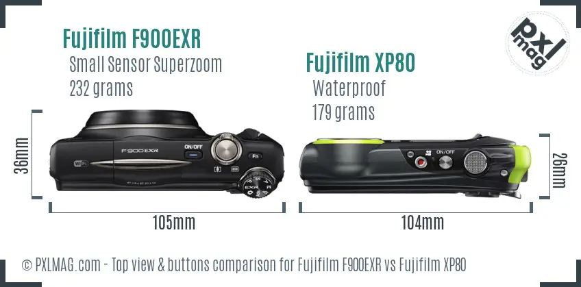 Fujifilm F900EXR vs Fujifilm XP80 top view buttons comparison