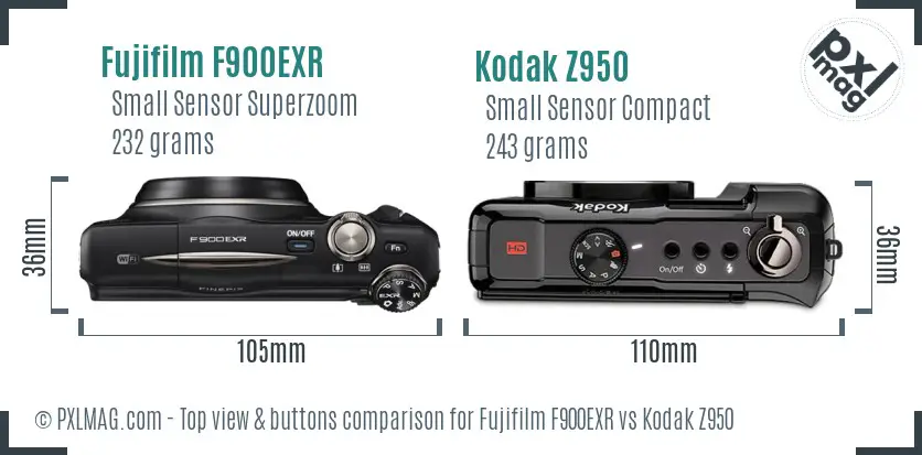 Fujifilm F900EXR vs Kodak Z950 top view buttons comparison Fujifilm F900EXR vs Kodak Z950 top view buttons comparison
