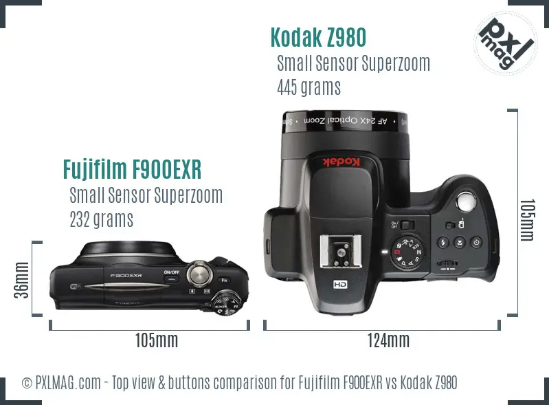 Fujifilm F900EXR vs Kodak Z980 top view buttons comparison Fujifilm F900EXR vs Kodak Z980 top view buttons comparison