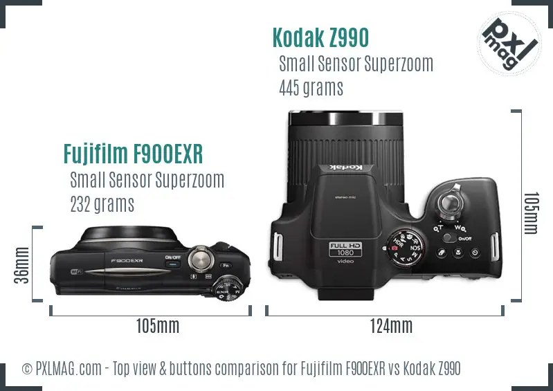 Fujifilm F900EXR vs Kodak Z990 top view buttons comparison Fujifilm F900EXR vs Kodak Z990 top view buttons comparison