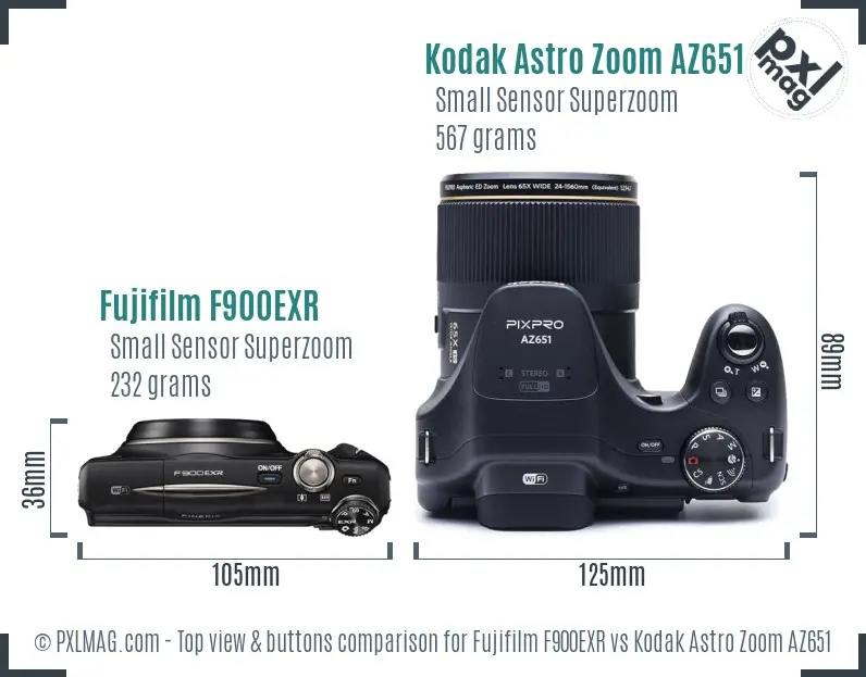 Fujifilm F900EXR vs Kodak Astro Zoom AZ651 top view buttons comparison Fujifilm F900EXR vs Kodak Astro Zoom AZ651 top view buttons comparison