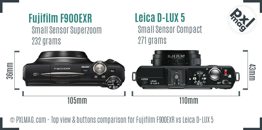 Fujifilm F900EXR vs Leica D-LUX 5 top view buttons comparison