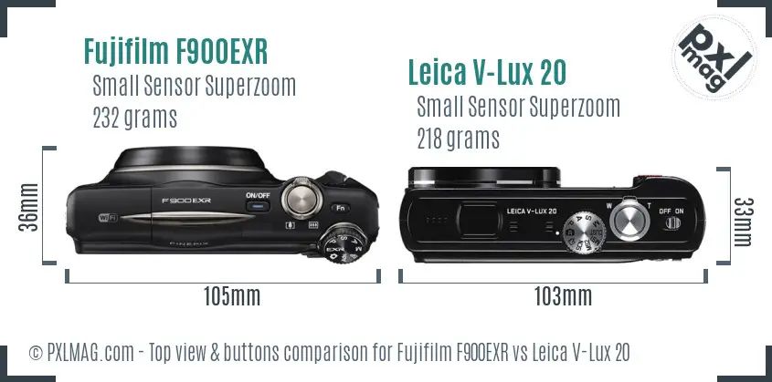 Fujifilm F900EXR vs Leica V-Lux 20 top view buttons comparison