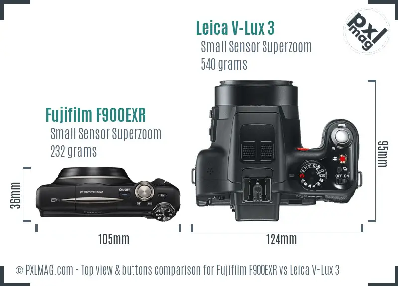 Fujifilm F900EXR vs Leica V-Lux 3 top view buttons comparison