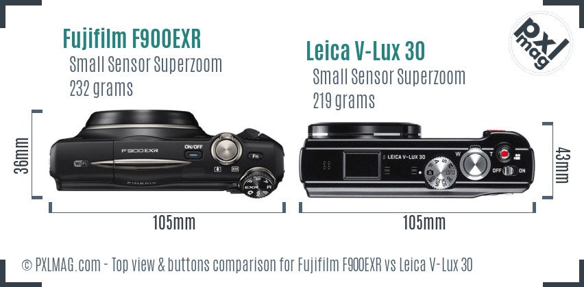 Fujifilm F900EXR vs Leica V-Lux 30 top view buttons comparison