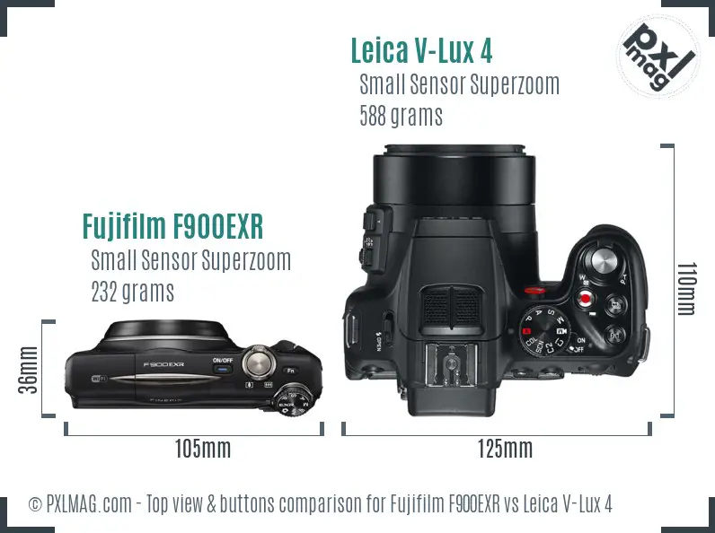 Fujifilm F900EXR vs Leica V-Lux 4 top view buttons comparison