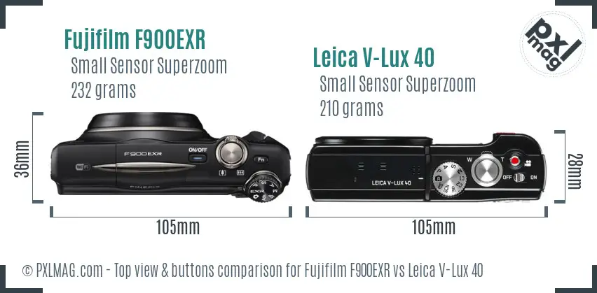 Fujifilm F900EXR vs Leica V-Lux 40 top view buttons comparison